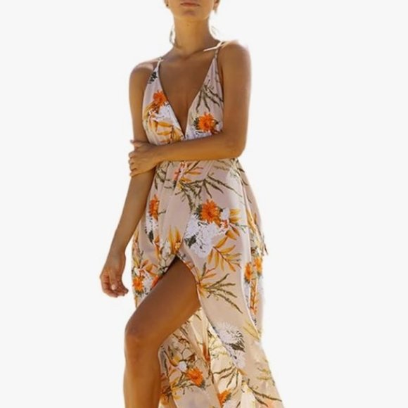 BerryGo Dresses & Skirts - NWOT BerryGo Women's Sexy Deep V Neck Backless Floral Print Split Maxi Dress